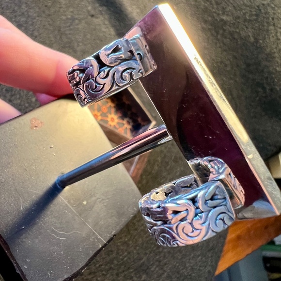 Lois Hill Hand Carved Scroll Chunky Post Hoop Earrings Sterling Silver 6" Drop - Picture 4 of 17